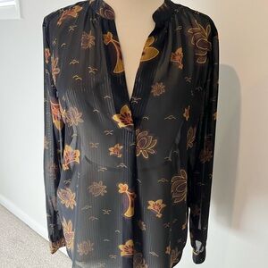 LOFT Black Sheer Blouse with Floral Accents